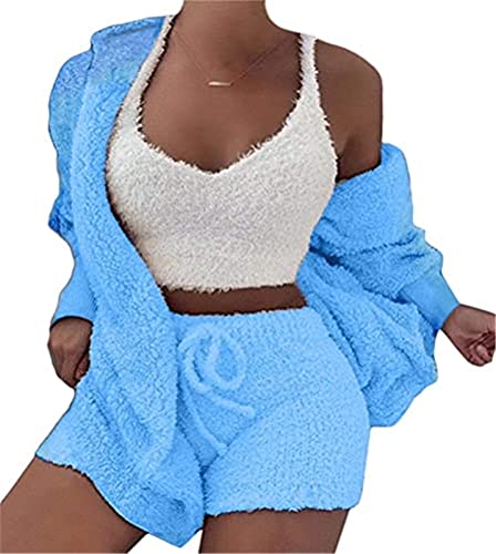 MIYYO Damen Plüsch 3-teiliges Pyjama Set Winter Frühling Warm Schlafanzug Coral Fleece Samt Nachtwäsche Kapuzenjacke Frauen Crop Tank Top Und Shorts (Color : Blue, Size : M) von MIYYO