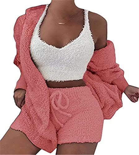 MIYYO Damen Plüsch 3-teiliges Pyjama Set Winter Frühling Warm Schlafanzug Coral Fleece Samt Nachtwäsche Kapuzenjacke Frauen Crop Tank Top Und Shorts (Color : Pink, Size : M) von MIYYO