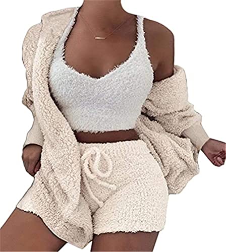 MIYYO Damen Plüsch 3-teiliges Pyjama Set Winter Frühling Warm Schlafanzug Coral Fleece Samt Nachtwäsche Kapuzenjacke Frauen Crop Tank Top Und Shorts (Color : White, Size : L) von MIYYO