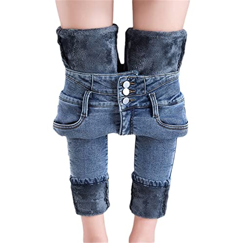 MIYYO Damen Winter Fleece Gefüttert Jeans Teenager Hohe Taille Plus Samt Denim Hosen Skinny Stretch Slim Fit Warm Plüsch Leggings,Outdoor Thermo Streetwear (Color : Blue, Size : 30W) von MIYYO