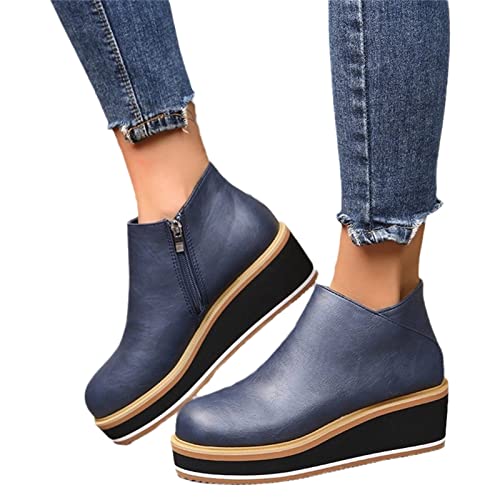 MIYYO Freizeit Stiefeletten Damen Plateau Ankle Boots,Frühling PU-Leder Kurz Stiefel Mit Reißverschluss,Frauen Britischer Stil Große Größe Knöchel Schuhe (Color : Blue, Size : 36 EU) von MIYYO