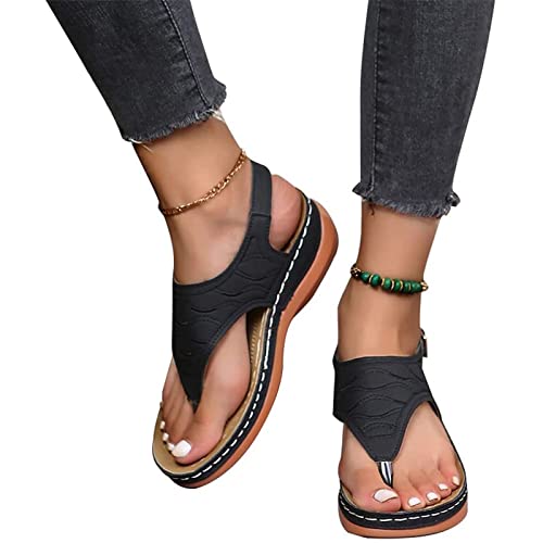 MIYYO Orthopädische Sandalen Für Damen Retro Zehentrenner Sandaletten Komfort Walking Pantoffeln with Arch Support PU-Leder Plateau Sandals Freizeit Boho Strandschuhe (Color : Black, Size : 41 EU) von MIYYO