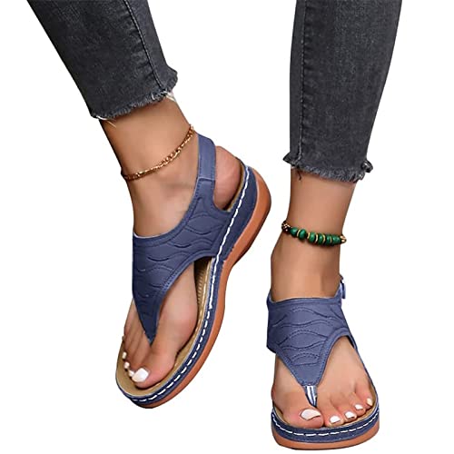 MIYYO Orthopädische Sandalen Für Damen Retro Zehentrenner Sandaletten Komfort Walking Pantoffeln with Arch Support PU-Leder Plateau Sandals Freizeit Boho Strandschuhe (Color : Blue, Size : 37 EU) von MIYYO