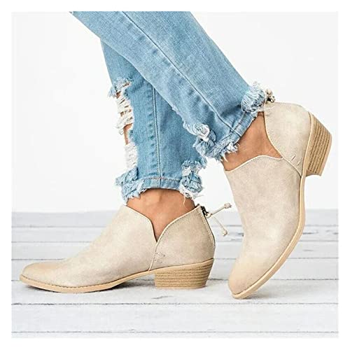 MIYYO PU-Leder Stiefeletten Damen Spitz Booties Mit Blockabsatz Herbst Winter Ankle Boots Frauen Elegant Party Knöchel Schuhe Outdoor Schneestiefel Kurze Gummistiefel (Color : Beige, Size : 40 EU) von MIYYO