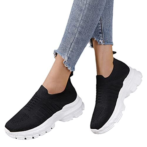 MIYYO Plateau Orthopädische Schuhe Damen Freizeit Walkingschuhe Leicht Slip-on Sneaker Sommer Atmungsaktiv Strick Mesh Laufschuhe Fly Woven Turnschuhe (Color : Black, Size : 39 EU) von MIYYO