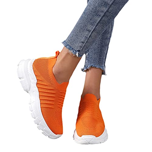 MIYYO Plateau Orthopädische Schuhe Damen Freizeit Walkingschuhe Leicht Slip-on Sneaker Sommer Atmungsaktiv Strick Mesh Laufschuhe Fly Woven Turnschuhe (Color : Orange, Size : 36 EU) von MIYYO