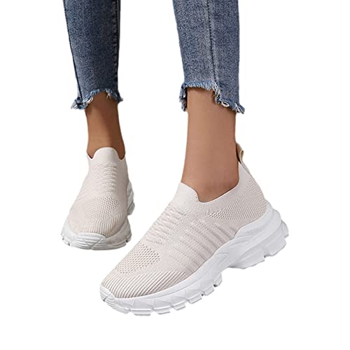 MIYYO Plateau Orthopädische Schuhe Damen Freizeit Walkingschuhe Leicht Slip-on Sneaker Sommer Atmungsaktiv Strick Mesh Laufschuhe Fly Woven Turnschuhe (Color : White, Size : 40 EU) von MIYYO