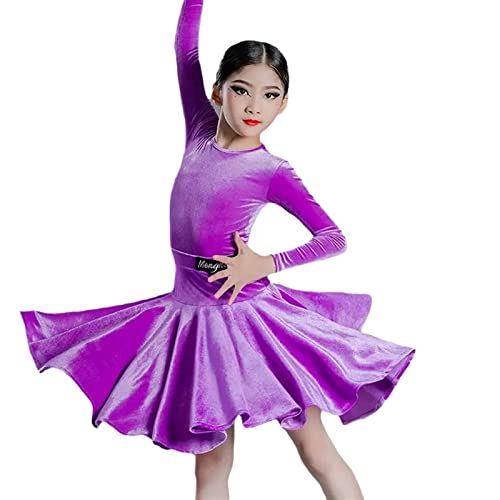 MIYYO Samt Latein Tanzkleid Für Mädchen Elegant Lange Ärmel Dance Dress Kinder Dancewear Für Rumba Salsa Tango Jazz, Wettbewerb Party Stage Performance Kostüme (Color : Purple 01, Size : 130cm) von MIYYO
