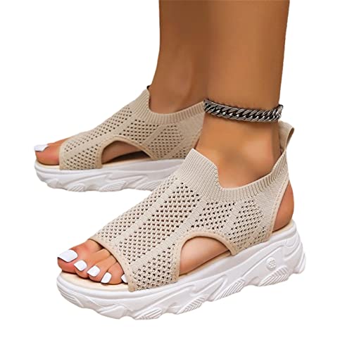 MIYYO Strick Mesh Sport Sandalen Für Damen Sommer Orthopädische Sandaletten Gummi Plateau Strandsandals Student Freizeit Flache Walkingschuhe (Color : Beige, Size : 36 EU) von MIYYO