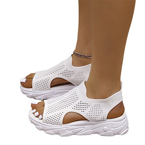 MIYYO Strick Mesh Sport Sandalen Für Damen Sommer Orthopädische Sandaletten Gummi Plateau Strandsandals Student Freizeit Flache Walkingschuhe (Color : White, Size : 38 EU) von MIYYO