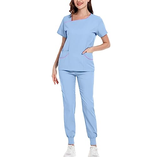 MJIQING Arbeitskleidung Pflege Damen Schlupfkasack Schlupfhose Set Uniform mit Oberteil und Hose Einfarbig V-Ausschnitt Kasack Kurzarm Berufsbekleidung Zwei Taschen Uniformen Nurse von MJIQING