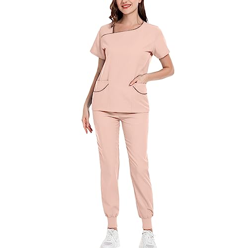 MJIQING Arbeitskleidung Pflege Damen Schlupfkasack Schlupfhose Set Uniform mit Oberteil und Hose Einfarbig V-Ausschnitt Kasack Kurzarm Berufsbekleidung Zwei Taschen Uniformen Nurse von MJIQING