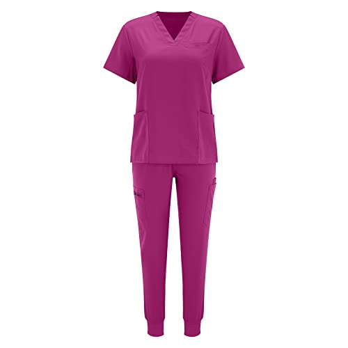 MJIQING Arbeitskleidung Pflege Damen Schlupfkasack Schlupfhose Set Uniform mit Oberteil und Hose Einfarbig V-Ausschnitt Kasack Kurzarm Berufsbekleidung Zwei Taschen Uniformen Nurse von MJIQING