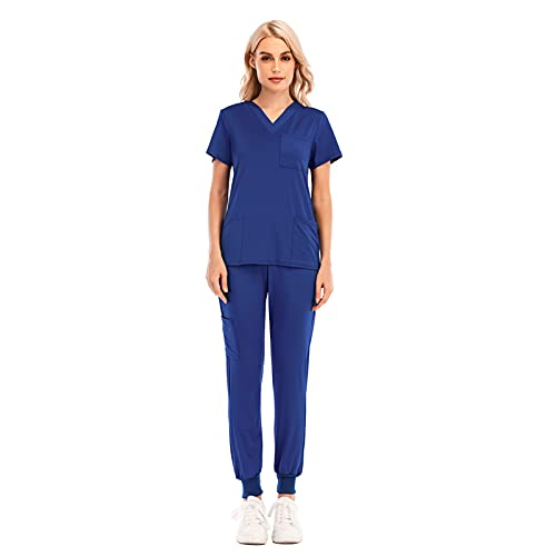 MJIQING Arbeitskleidung Pflege Damen Schlupfkasack Schlupfhose Set Uniform mit Oberteil und Hose Einfarbig V-Ausschnitt Kasack Kurzarm Berufsbekleidung Zwei Taschen Uniformen Nurse von MJIQING