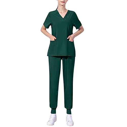 MJIQING Arbeitskleidung Pflege Damen Uniformen Einfarbig V-Ausschnitt Kurzarm Schlupfkasack Schlupfhose Set Berufsbekleidung mit Kasack T-Shirts Multi Pocket Hose von MJIQING