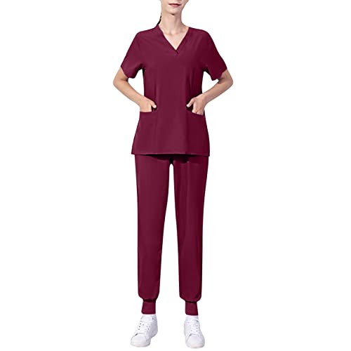 MJIQING Arbeitskleidung Pflege Damen Uniformen Einfarbig V-Ausschnitt Kurzarm Schlupfkasack Schlupfhose Set Berufsbekleidung mit Kasack T-Shirts Multi Pocket Hose von MJIQING