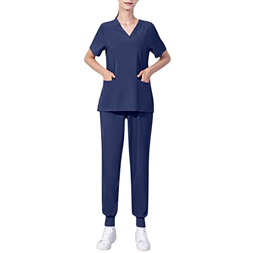 MJIQING Unisex Medizinische Uniform Set mit Kasack und Hose, Einfarbig Medical Schrubb-Set, Pflege Berufsbekleidung von MJIQING
