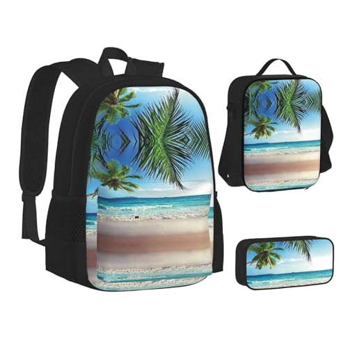 MLTRFGJ 3-teiliges Rucksack-Set, Motiv: tropische Palme, Hawaii-Strand, bedruckt, Rucksack, Federmäppchen und Lunchtasche, Schwarz , Einheitsgröße, Schulranzen von MLTRFGJ