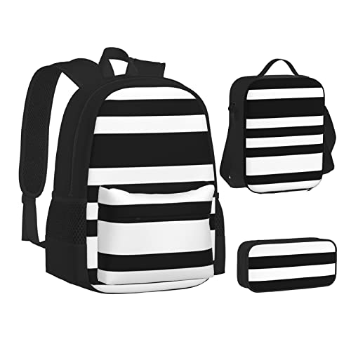 MLTRFGJ 3-teiliges Rucksack-Set, gestreift, schwarz-weiß, bedruckt, bestehend aus Rucksack, Federmäppchen und Lunchtasche, Schwarz , Einheitsgröße, Schulranzen von MLTRFGJ