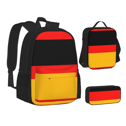 MLTRFGJ 3-teiliges Rucksack-Set mit Deutschland-Flagge, bedruckt, Kombination aus Rucksack, Federmäppchen und Lunchtasche, Schwarz , Einheitsgröße, Schulranzen von MLTRFGJ