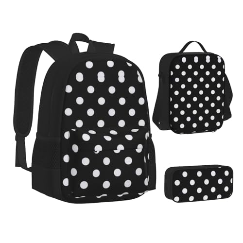 MLTRFGJ 3-teiliges Rucksack-Set mit großen Punkten, Schwarz und Weiß, kombiniert Rucksack, Federmäppchen und Lunchtasche, Schwarz , Einheitsgröße, Schulranzen von MLTRFGJ