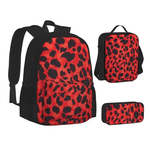 MLTRFGJ 3-teiliges Rucksack-Set mit rotem Leopardenmuster, kombiniert Rucksack, Federmäppchen und Lunchtasche, Schwarz , Einheitsgröße, Schulranzen von MLTRFGJ