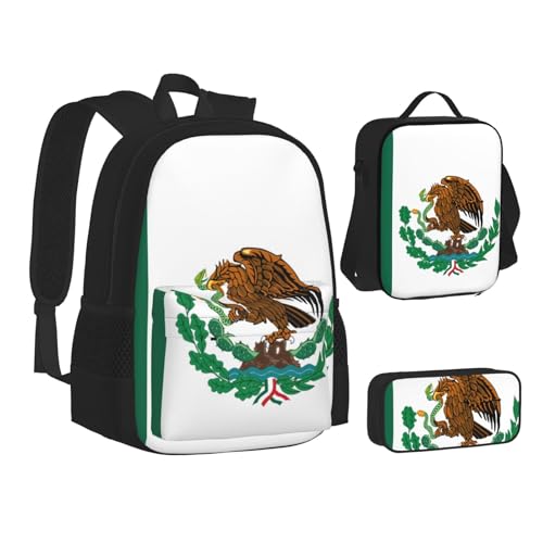 MLTRFGJ Bedrucktes 3-teiliges Rucksack-Set, Motiv: Flagge von Mexiko, kombiniert Rucksack, Federmäppchen und Lunchtasche, Schwarz , Einheitsgröße, Schulranzen von MLTRFGJ