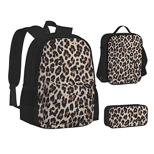 MLTRFGJ Bedrucktes 3-teiliges Rucksack-Set mit Leopardenmuster, kombiniert Rucksack, Federmäppchen und Lunchtasche, Schwarz , Einheitsgröße, Schulranzen von MLTRFGJ