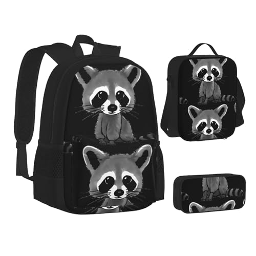 MLTRFGJ Cartoon Cute Raccoon Printed 3-Piece Backpack Set, Combining Backpack, Pencil Case, and Lunch Bag, Schwarz , Einheitsgröße, Schulranzen von MLTRFGJ