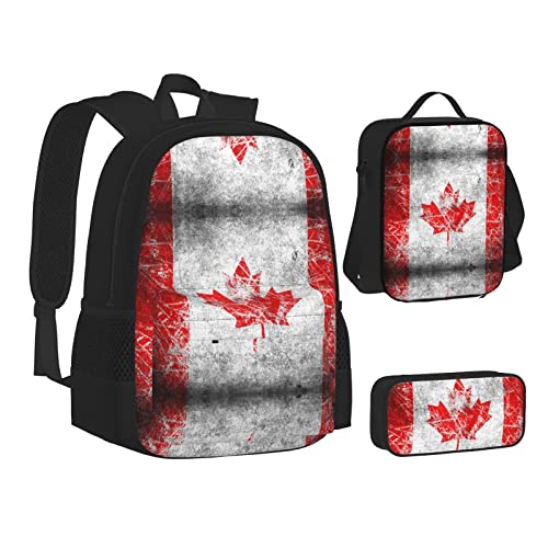 MLTRFGJ Retro Kanada Flagge gedruckt 3-teiliges Rucksack-Set kombiniert Rucksack, Federmäppchen und Lunchtasche, Schwarz , Einheitsgröße, Schulranzen von MLTRFGJ