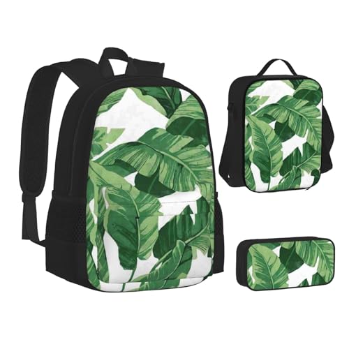 MLTRFGJ Süßes grünes Palmenblätter-bedrucktes 3-teiliges Rucksack-Set, kombiniert Rucksack, Federmäppchen und Lunchtasche, Schwarz , Einheitsgröße, Schulranzen von MLTRFGJ