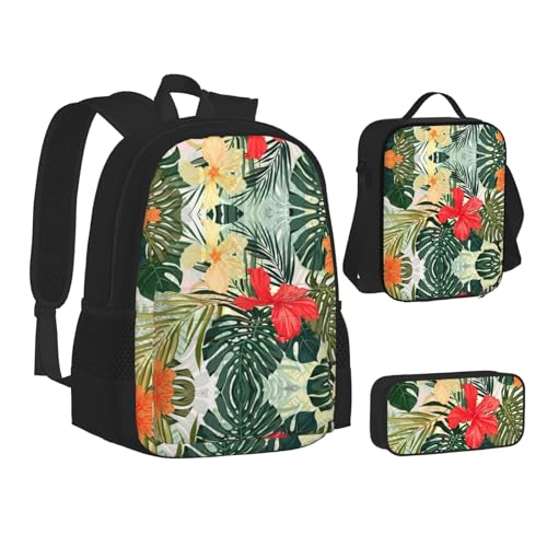 MLTRFGJ Summer Hawaiian Printed 3-Piece Backpack Set, Combining Backpack, Pencil Case, and Lunch Bag, Schwarz , Einheitsgröße, Schulranzen von MLTRFGJ