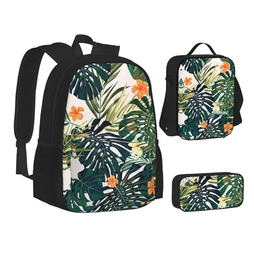 MLTRFGJ Tropischer Sommer, Hawaii-Blumenpalmenblätter, bedrucktes 3-teiliges Rucksack-Set, kombiniert Rucksack, Federmäppchen und Lunchtasche, Schwarz , Einheitsgröße, Schulranzen von MLTRFGJ