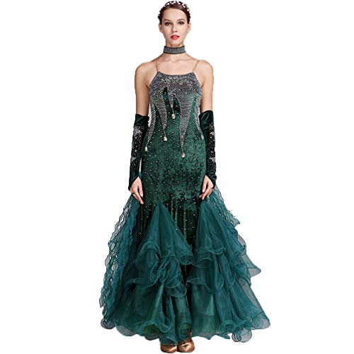 Damen Hosenträger Ballsaal Modern Tanzen Wettbewerb Kleider Samt Nackter Rücken Walzer Tango Performance Tanzkleidung Mit Ärmeln Und Strass Schlanke Passform,B,M von MLYYX