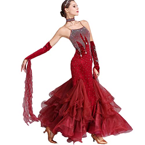 Damen Hosenträger Ballsaal Modern Tanzen Wettbewerb Kleider Samt Nackter Rücken Walzer Tango Performance Tanzkleidung Mit Ärmeln Und Strass Schlanke Passform,C,XXL von MLYYX