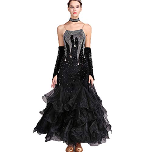 Damen Hosenträger Ballsaal Modern Tanzen Wettbewerb Kleider Samt Nackter Rücken Walzer Tango Performance Tanzkleidung Mit Ärmeln Und Strass Schlanke Passform,D,L von MLYYX