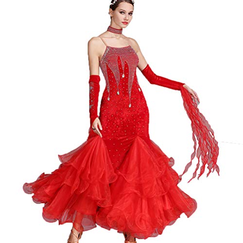 Damen Hosenträger Ballsaal Modern Tanzen Wettbewerb Kleider Samt Nackter Rücken Walzer Tango Performance Tanzkleidung Mit Ärmeln Und Strass Schlanke Passform,E,L von MLYYX