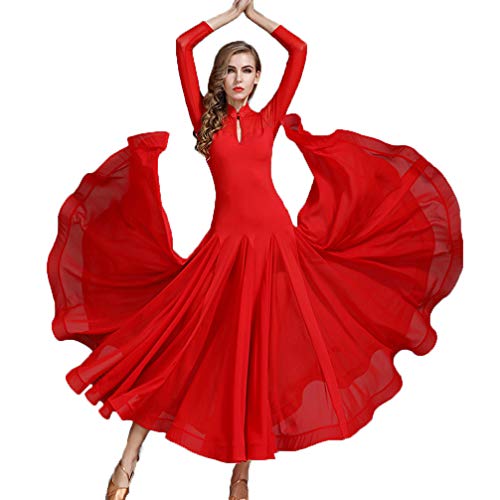 Klassischer Ballsaal Tanzen Kleider Hoher Kragen Walzer Tango Trainings Tanzkleidung Lange Ärmel Hohl Modern Sozialer Tanz Kostüm Einfaches Foxtrott Übungskleid,Rot,XL von MLYYX