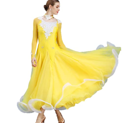 MLYYX Bestickte Gesellschaftstanzkleider Moderne Turnierkleider Für Damen Standard Walzerkostüme Big Swing Tango Flamenco Tanzkleidung,Gelb,S von MLYYX