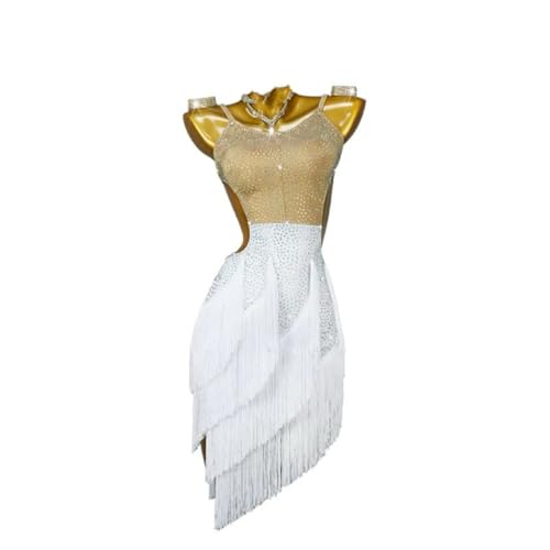 MLYYX Latein Salsa Tanzkleider Für Damen Strass Fransen Tanzkleidung Für Den Standard Cha-Cha Trainingstanz Tango Tanzkostüme,Weiß,XXL von MLYYX
