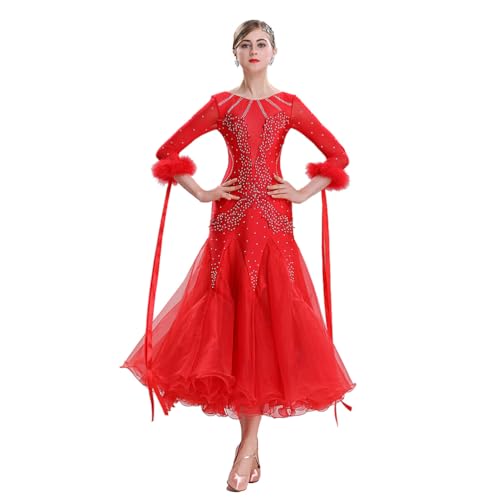 MLYYX Professionelle Gesellschaftstanzkleider Für Damen Walzer Wettbewerbskostüm Nationales Standard Tango Tanzkleid Mit Strasssteinen,Rot,M von MLYYX