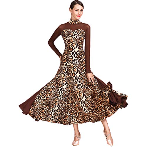 MLYYX Weibliche Leopard Ballsaal Tanz Performance Kleider Hoher Kragen Modernes Walzer Trainingskostüm Netz Lange Ärmel Tango Flamenco Tanz Outfit Rock in A-Linie,Leopard,L von MLYYX