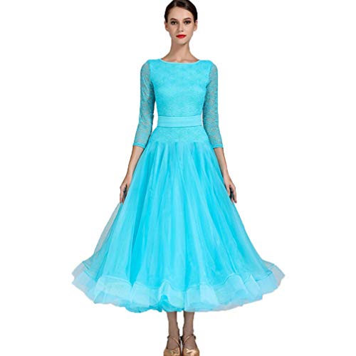 Moderne Walzer Tanzkleidung Mit Rundhalsausschnitt Ballsaal Tanzkleider Aus Spitze Damen Tango Performance Kleid Mit 2/3 Ärmeln Toller Swingrock Aus Tüll in A-Linie,Blau,XL von MLYYX