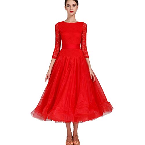 Moderne Walzer Tanzkleidung Mit Rundhalsausschnitt Ballsaal Tanzkleider Aus Spitze Damen Tango Performance Kleid Mit 2/3 Ärmeln Toller Swingrock Aus Tüll in A-Linie,Rot,M von MLYYX