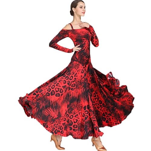 Tanzkleider Mit Leopardenmuster Für Damen Walzer Modern Performance Tanz Outfit A-Linien Tango Foxtrott Turnierrock Großer Swingrock,Big red Leopard Print,M von MLYYX