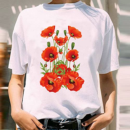 Damen T-Shirt Tunika Sommer Lustige Blumen Grafik Weißes T-Shirt,Rote Mohnblumen Drucken Rundhals-Kurzarm-Vintage-Pullover-T-Shirt,Sommer-Freizeitoberteile Nettes Designer-Kleidungshemd Für Frauen,M von MNJLB