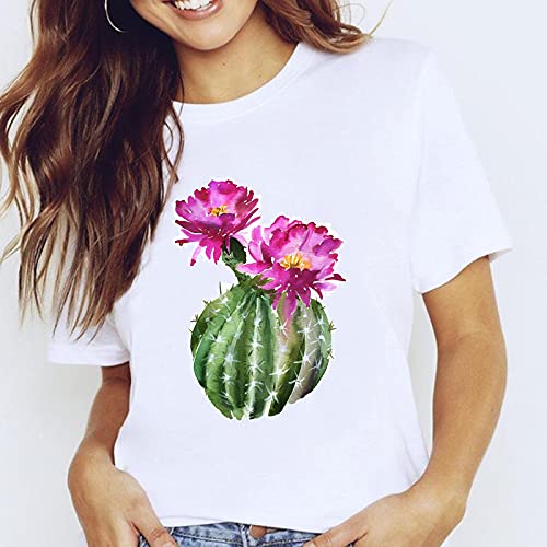 Damen T-Shirt Tunika Sommer - Mode Druck Weiß Druck T Shirt Für Frauen,Sommer Cartoon Kaktus Und Blumen Grafik Kleidung Lady TES Tops Weibliche T Shirt,Kaktus,M von MNJLB