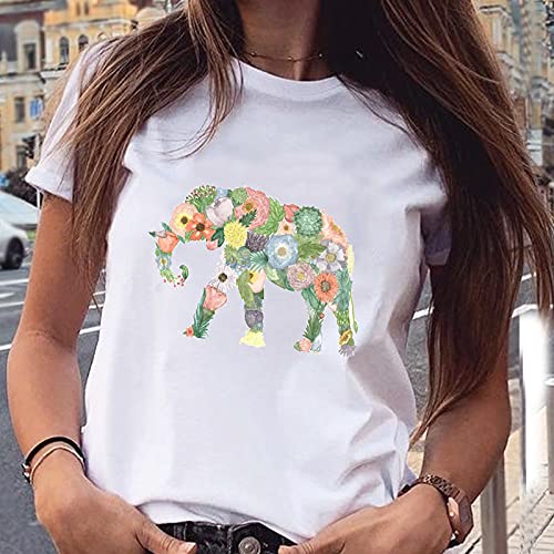 Damen T-Shirt Tunika Sommer Sommer Kurzarm Weiß T-Shirt,Vintage Cartoon Print Blumenkombination Elefant Grafik O-Ausschnitt Loose Fit Print Kleidung,Casual Tops Kleidung Shirt Für Frauen,Elefant,Med von MNJLB