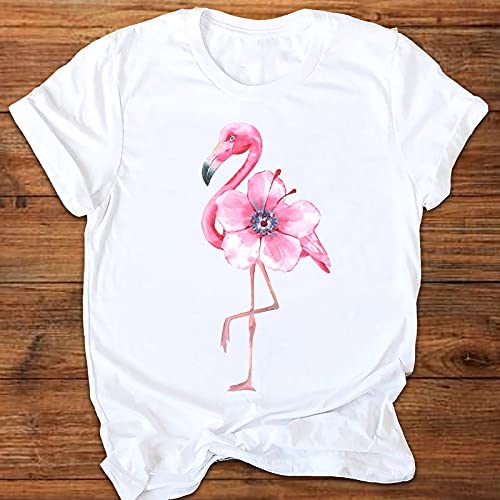 MNJLB T-Shirts Für Damen Vintage O-Ausschnitt Loose Fit Kurzarm Weiß T-Shirt,90Er Jahre Cartoon Rosa Blumen Und Flamingos Grafik Damen Print Kleidung,Casual Kleidung Shirt Für Frauen,Flamingo,Medium von MNJLB