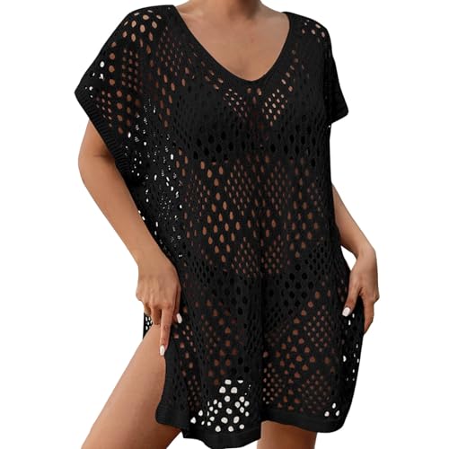 MNRIUOCII Damen Bikini Cover-Ups Sommer Kurzarm Häkeleinsätzen Strandponcho Badeanzug Cover Ups Sexy Cutout Strick Beach Crochet Cover Up Freizeit Strandurlaub Beachwear von MNRIUOCII